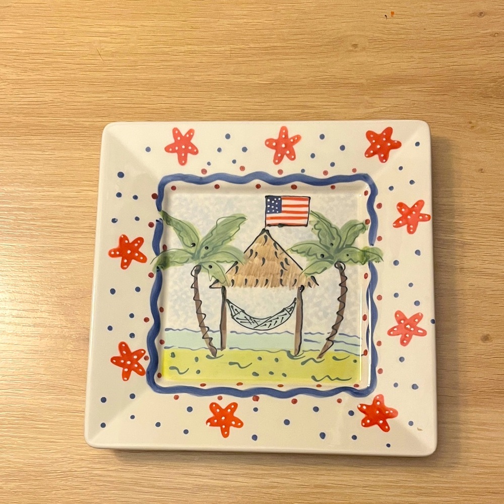 Patriotic Beach Plate Caroline Forbis 2003 USA Flag Palm Trees